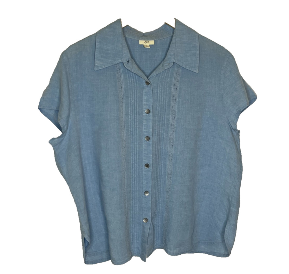 Women's Large J.Jill Vtg Blue Lace Pleated 100% Linen Button Down Short Sleeve